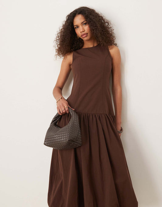 Ghospell drop hem midi dress in chocolate brown