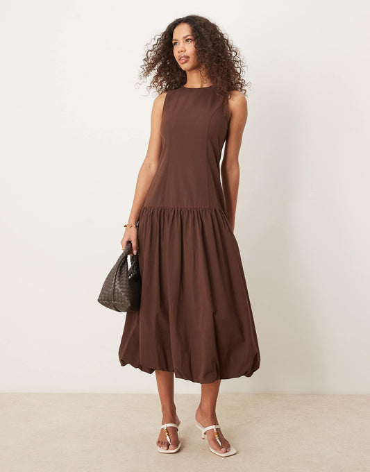 Ghospell drop hem midi dress in chocolate brown