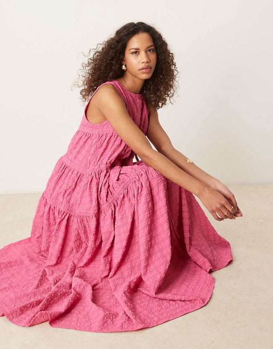 Ghospell textured ruched midi dress in fuchsia pink