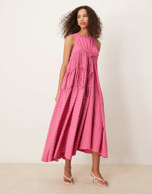 Ghospell textured ruched midi dress in fuchsia pink