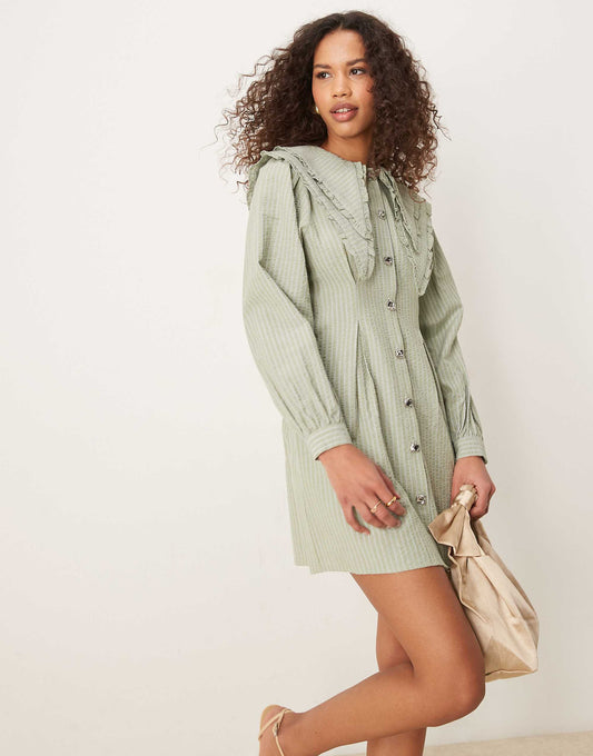 Ghospell oversized collar mini dress in pale khaki green