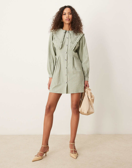 Ghospell oversized collar mini dress in pale khaki green