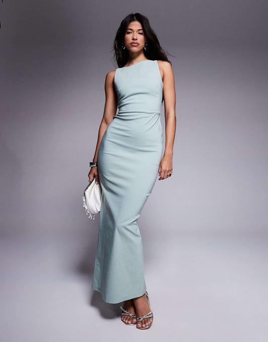 Vesper bengaline high neck open back maxi dress in sage