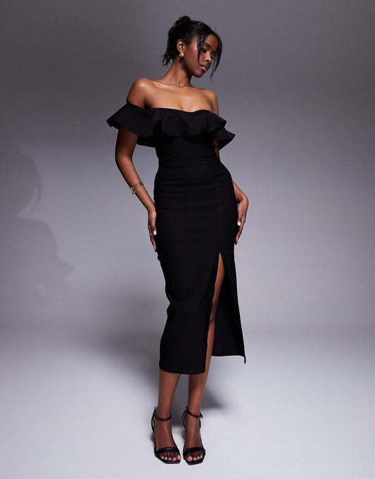 Vesper bengaline frill bardot side split midi dress in black