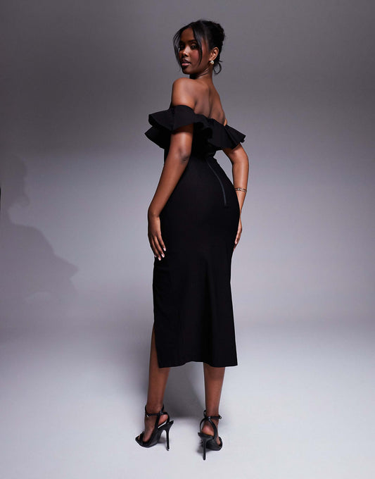 Vesper bengaline frill bardot side split midi dress in black