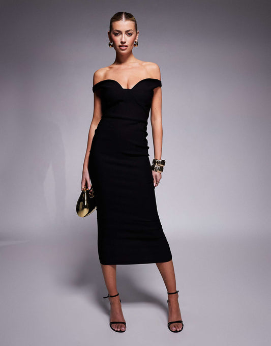 Vesper bengaline sweetheart neckline midaxi dress in black