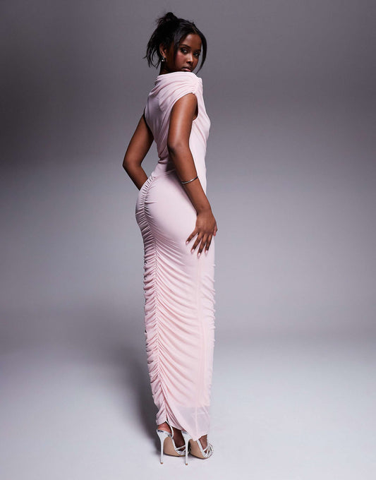 ASOS DESIGN mesh asymmetric neck off shoulder ruched midi dress in light pink