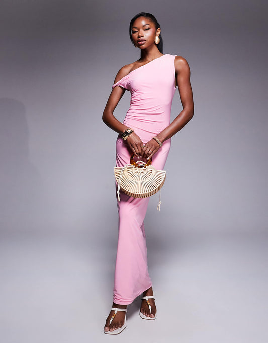 Kaiia exclusive slinky bodycon off shoulder twist strap maxi dress in light pink