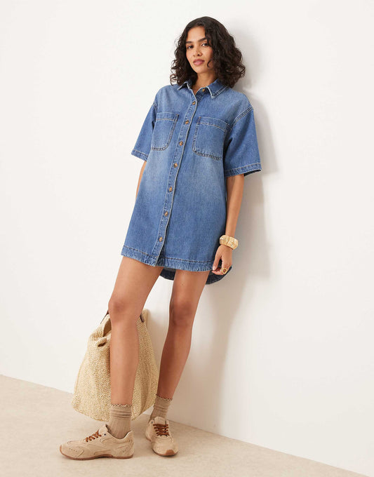 ASOS DESIGN denim short sleeve shirt mini dress in midwash blue