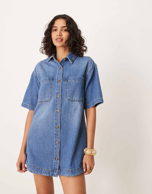 ASOS DESIGN denim short sleeve shirt mini dress in midwash blue