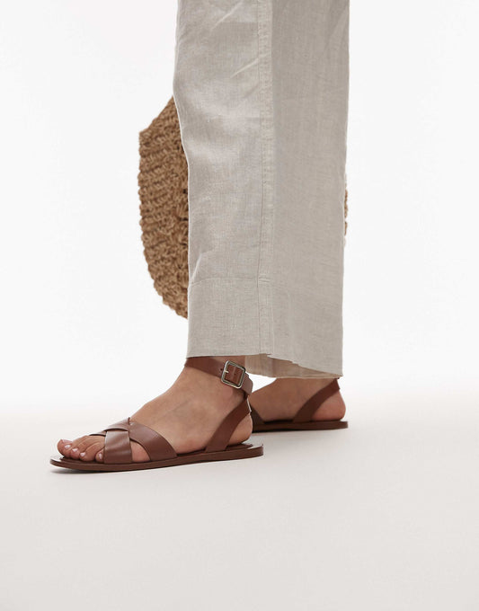 Mango leather flat sandals in brown