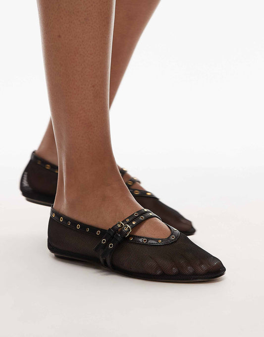 Mango mesh ballet pumps with gold detailing in black