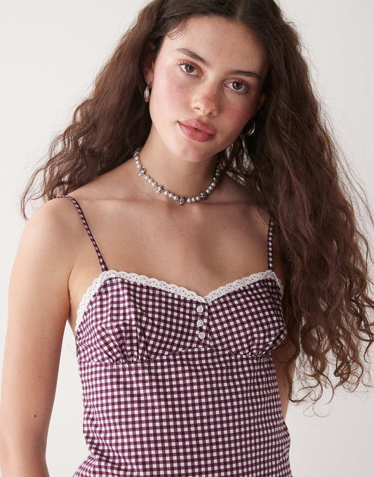 Motel delphine gingham mini cami dress in wine