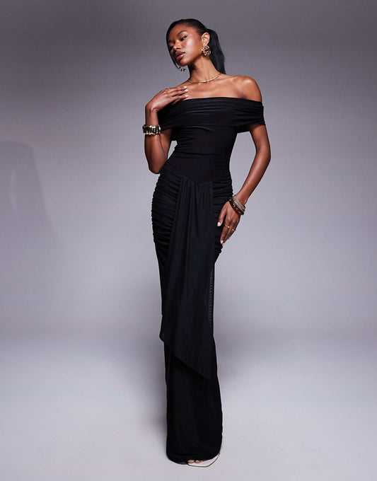 Kaiia exclusive slinky bardot ruched skirt waist drape detail maxi dress in black
