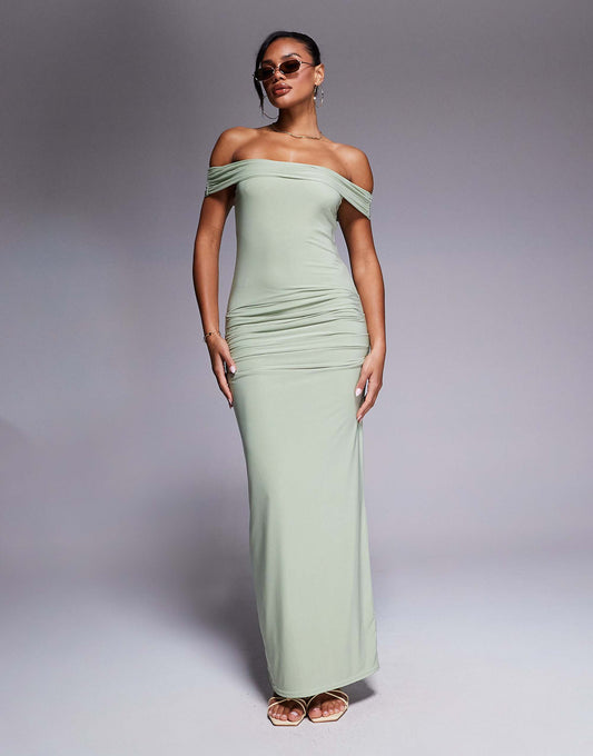 Kaiia exclusive slinky bardot gathered waist detail maxi dress in sage