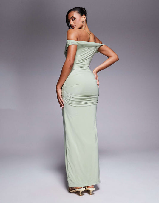 Kaiia exclusive slinky bardot gathered waist detail maxi dress in sage