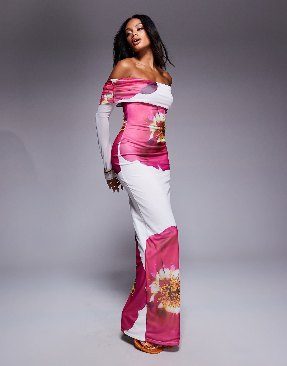 Kaiia exclusive slinky deep bardot bodycon maxi dress in white and pink flower print