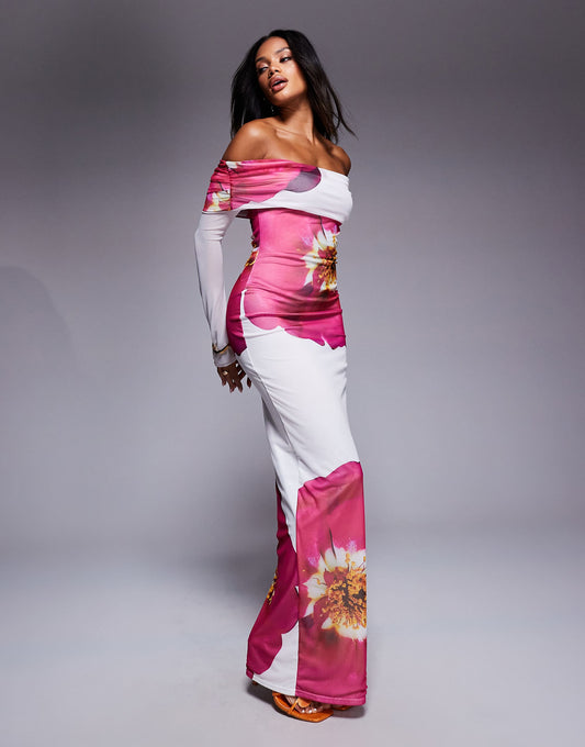 Kaiia exclusive slinky deep bardot bodycon maxi dress in white and pink flower print