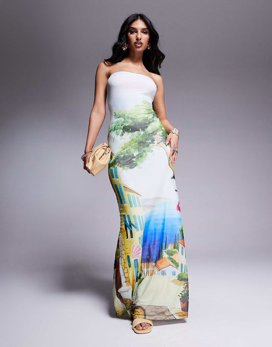 Kaiia exclusive slinky bandeau landscape print maxi dress in multi