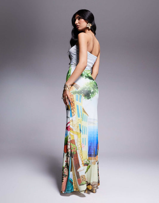 Kaiia exclusive slinky bandeau landscape print maxi dress in multi