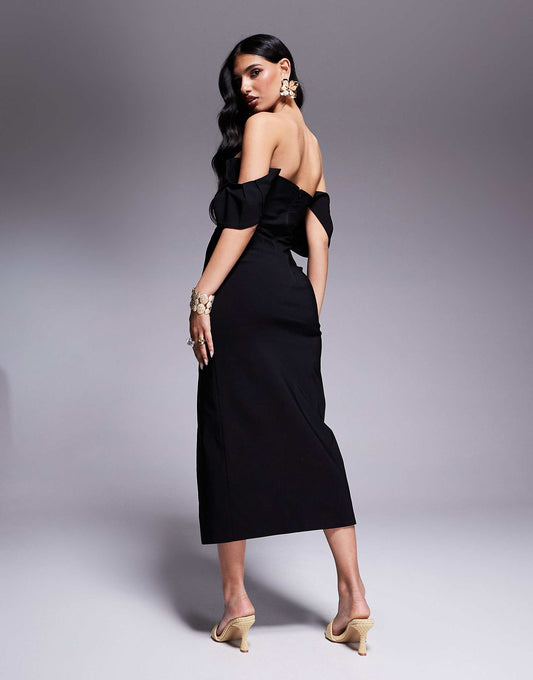 Vesper bengaline square neck ruffle sleeve side split midaxi dress in black