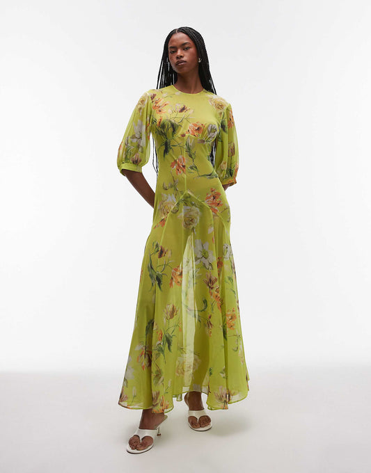 ASOS DESIGN sheer seam detail maxi tea dress in green vintage floral