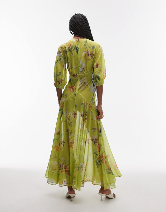 ASOS DESIGN sheer seam detail maxi tea dress in green vintage floral