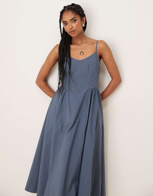 Threadbare v-neck cotton rich midi dress with drop waist in blue
