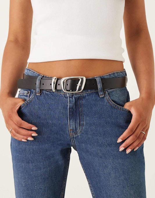 ASOS DESIGN leather asymmetric buckle waist and hip jeans belt in black
