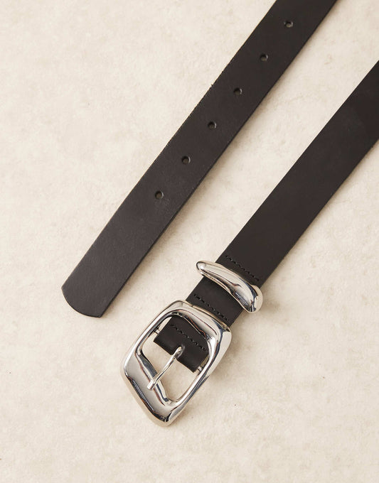 ASOS DESIGN leather asymmetric buckle waist and hip jeans belt in black