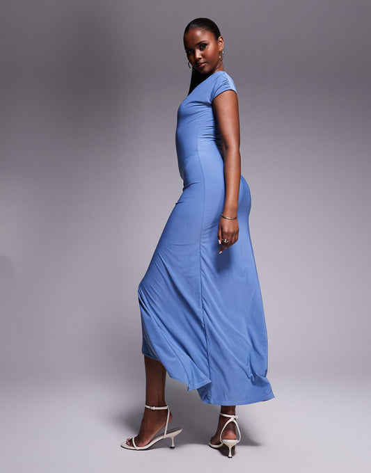 Kaiia exclusive slinky cap sleeve side split drape detail maxi dress in sky blue