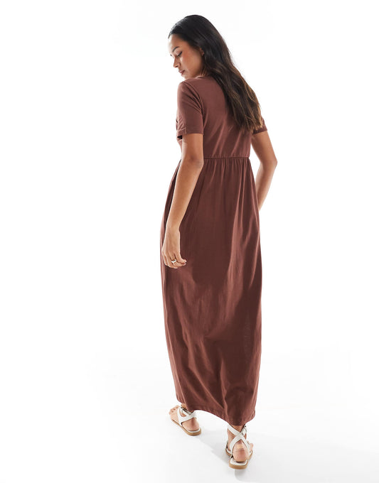 Threadbare midi t-shirt dress with drop waist in chocolate brown
