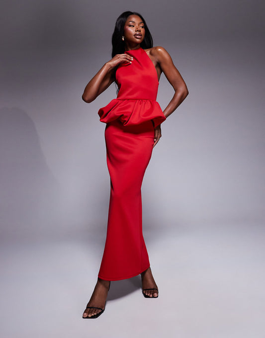 ASOS DESIGN scuba high neck puff peplum midi dress in red