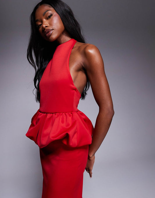 ASOS DESIGN scuba high neck puff peplum midi dress in red