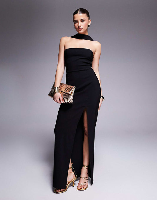 Vesper bengaline choker neck detail bandeau side split maxi dress in black
