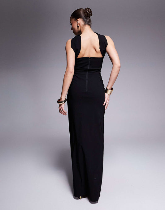 Vesper bengaline choker neck detail bandeau side split maxi dress in black