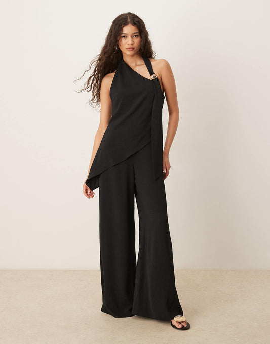ASOS DESIGN trim detail halter overlay jumpsuit in black