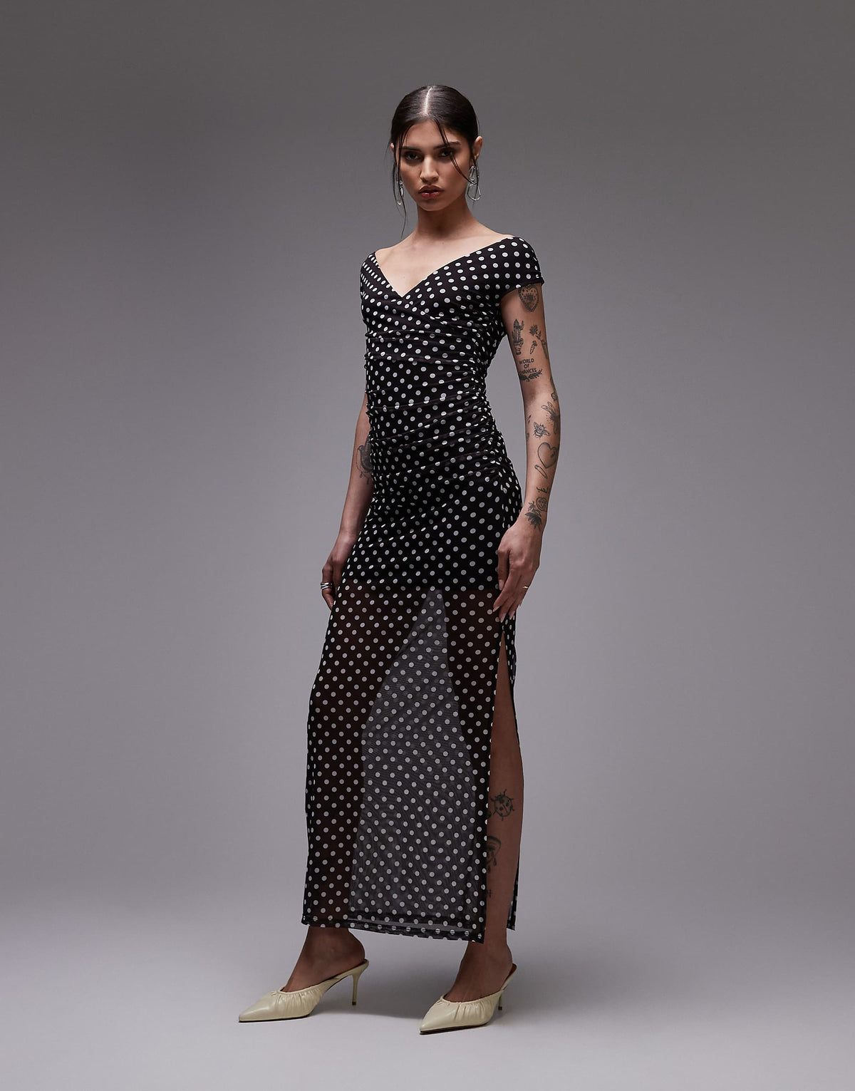 ASOS DESIGN mesh wrap maxi dress in black polka dot
