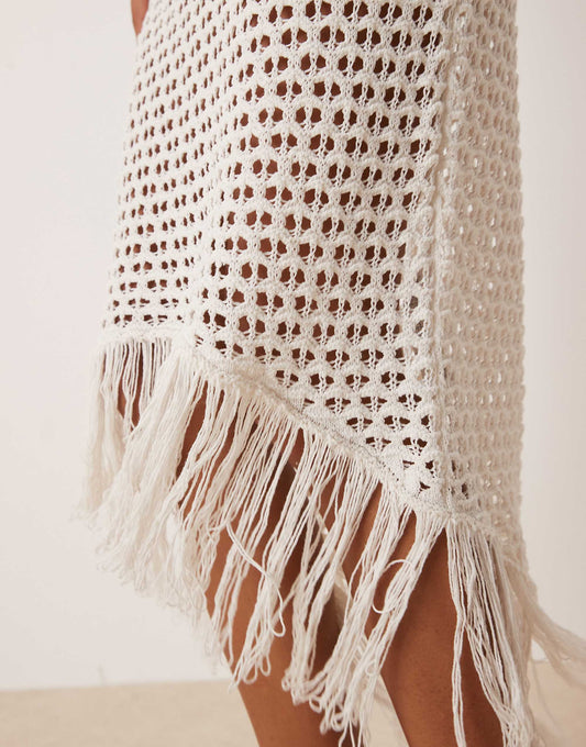 ASOS DESIGN knitted open stitch midaxi dress with fringe hem in white