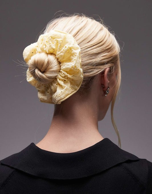 Mango embroidered floral detail scrunchie in pastel yellow