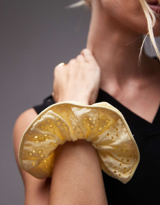 Mango embroidered floral detail scrunchie in pastel yellow