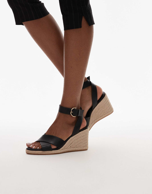 Mango woven wedge heeled sandal in black