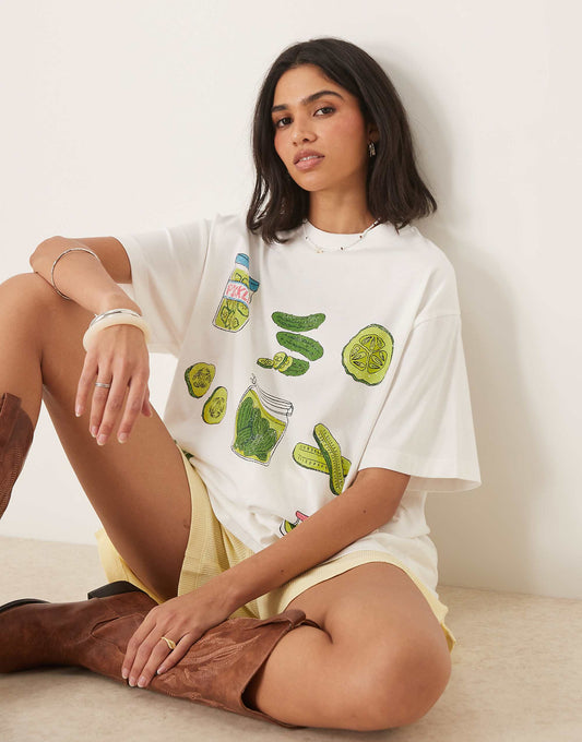 ASOS DESIGN oversized t-shirt with pickles graphic in white
