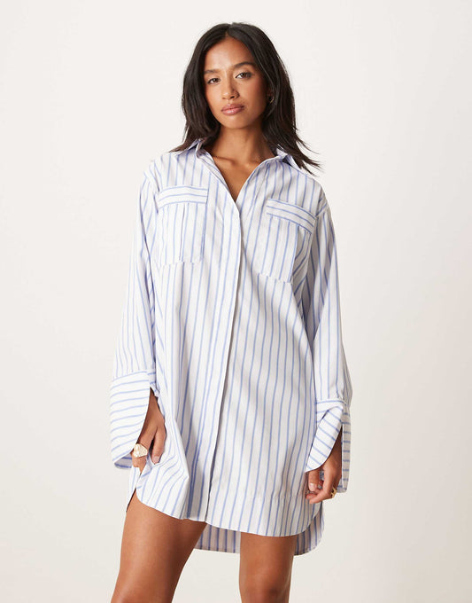 ASOS DESIGN Petite mini shirt dress with wide cuffs and oversized pockets in blue stripe