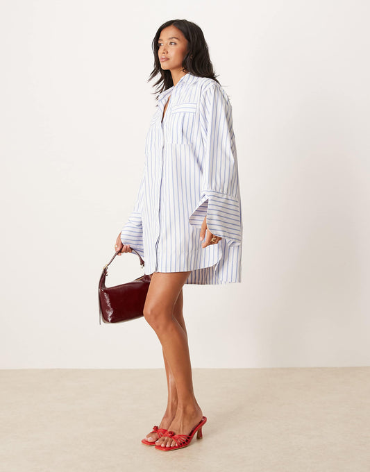 ASOS DESIGN Petite mini shirt dress with wide cuffs and oversized pockets in blue stripe