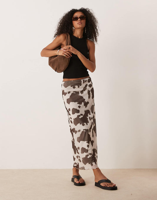 ASOS DESIGN mesh midi skirt in cow print