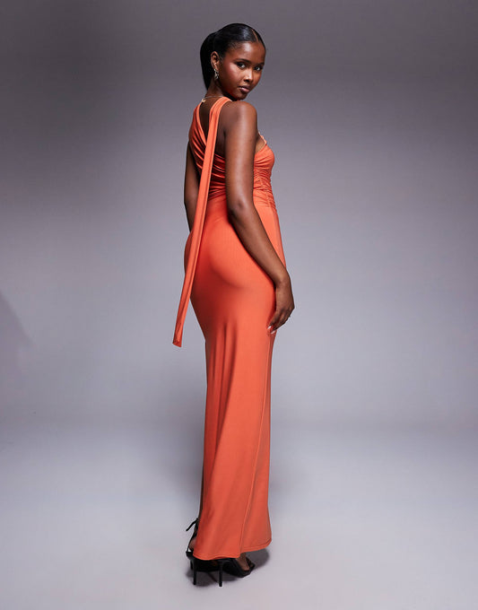 Kaiia exclusive double sculpted slinky one shoulder scarf detail side split maxi dress in orange