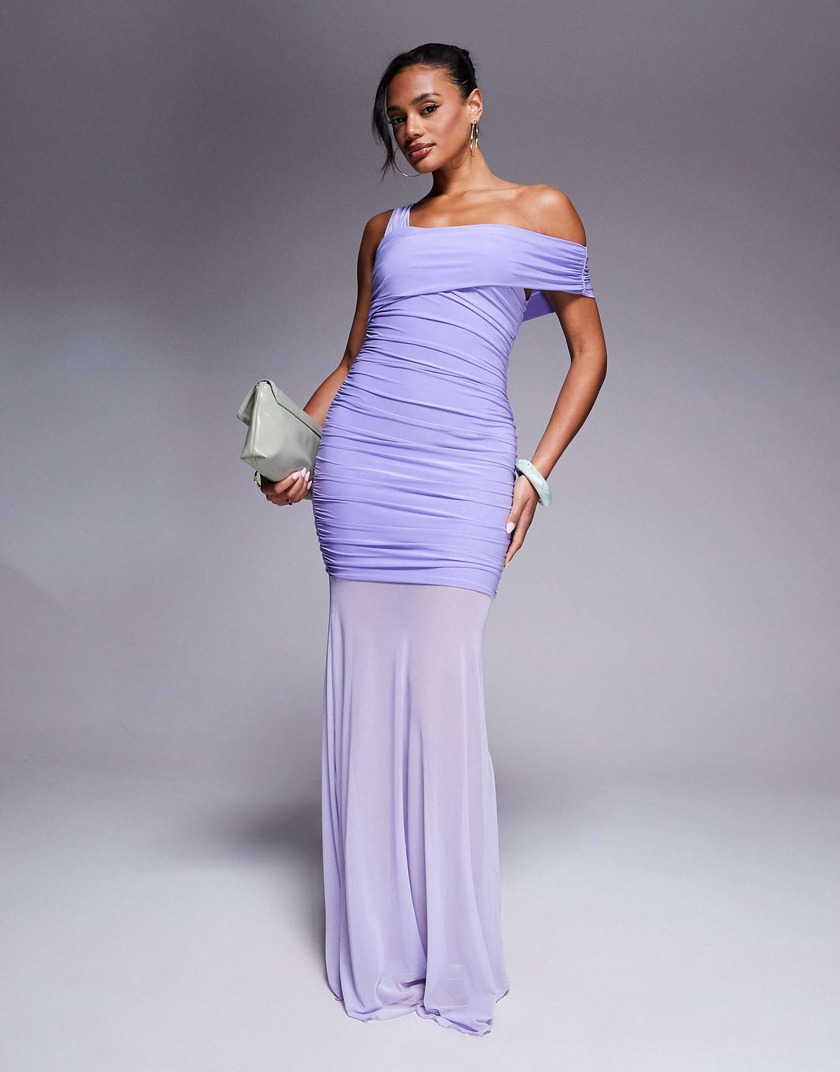 Kaiia exclusive slinky asymmetric one shoulder sheer hem maxi dress in lilac