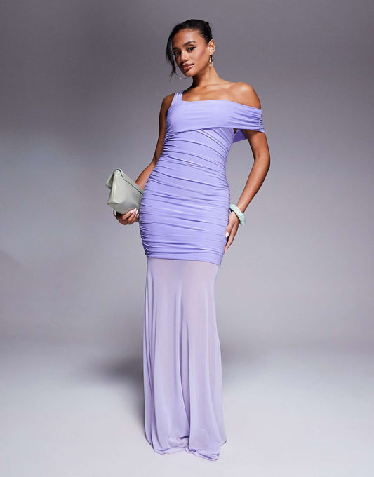 Kaiia exclusive slinky asymmetric one shoulder sheer hem maxi dress in lilac