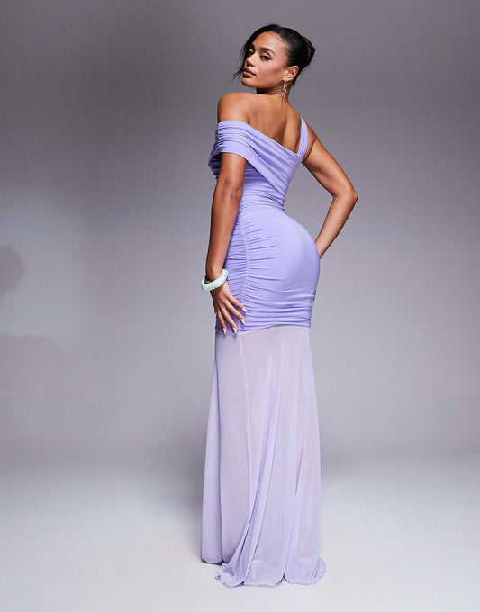 Kaiia exclusive slinky asymmetric one shoulder sheer hem maxi dress in lilac